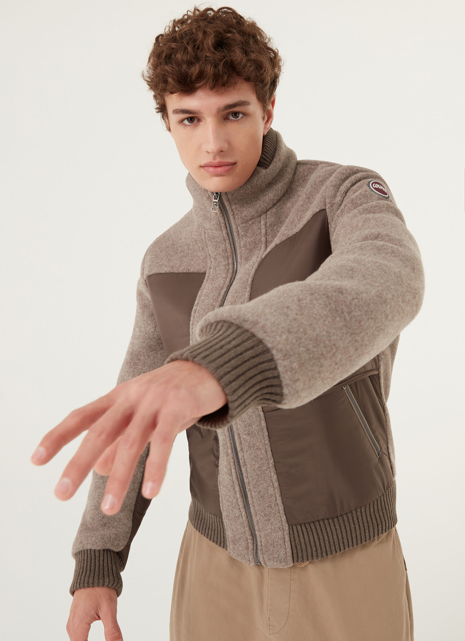 Wool cloth bomber jacket with nylon inserts