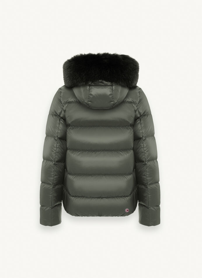 COLMAR Iridescent Hooded Long Puffer Jacket Parka Real Fur Trim EUR Size 48  NWOT