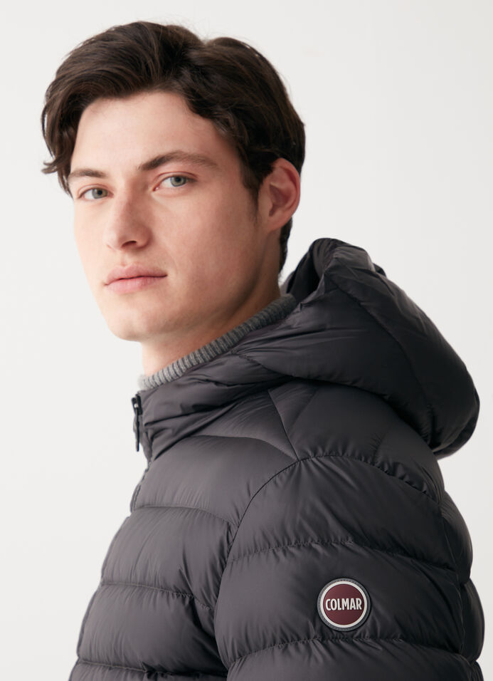 Sporty down jacket with fixed hood