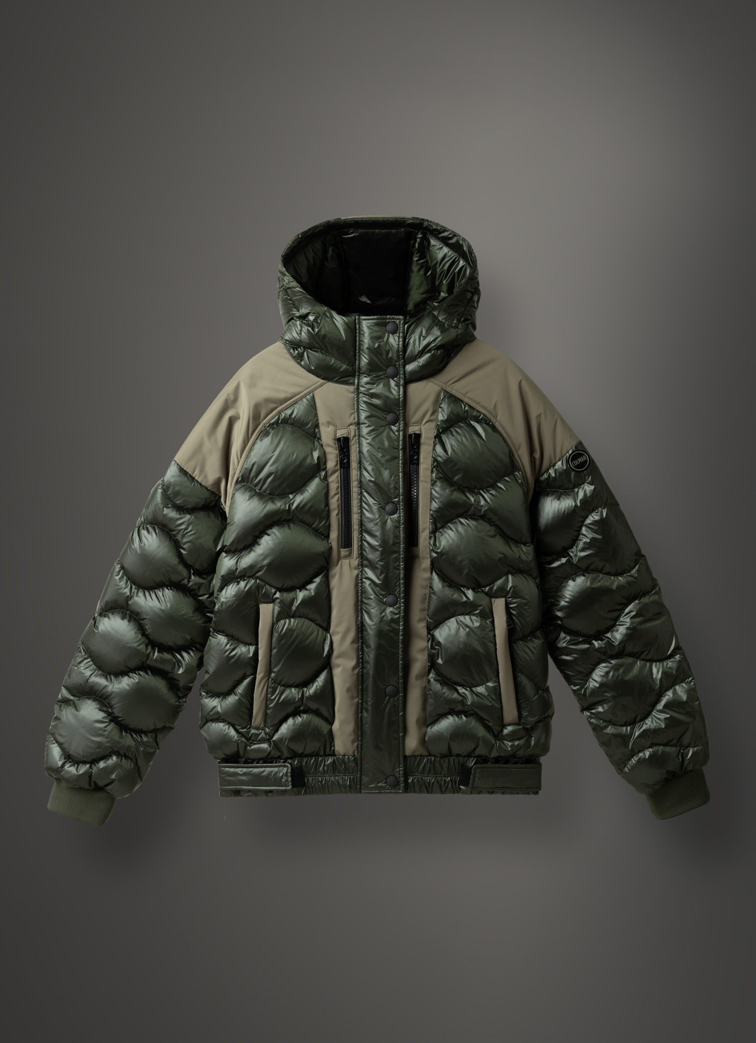 Bomber jacket with fixed hood and bubble quilting
